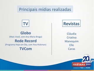 Globo
(Mais Você, com Ana Maria Braga)
Rede Record
(Programa Hoje em Dia, com Ana Hickman)
TVCom
Cláudia
Criativa
Manequim
Elle
Caras
Principais mídias realizadas
TV Revistas
 