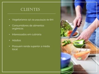 clientes 
•Vegetarianos (9% da população de BH) 
•Consumidores de alimentos orgânicos 
•Interessados em culinária 
•Adultos 
•Possuem renda superior a média local  