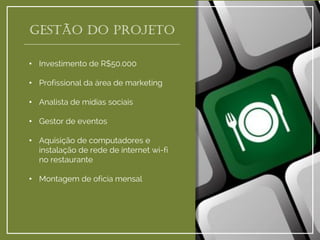 •Investimento de R$50.000 
•Profissional da área de marketing 
•Analista de mídias sociais 
•Gestor de eventos 
•Aquisição de computadores e instalação de rede de internet wi-fi no restaurante 
•Montagem de oficia mensal 
Gestão do projeto  
