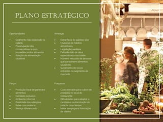 PLANO ESTRATÉGICO 
Oportunidades 
Segmento não explorado na cidade 
Preocupação dos consumidores a com procedência dos alimentos 
Adoção de alimentação saudável 
Ameaças 
Estranheza do público-alvo 
Mudança de hábitos alimentares 
Legislação sanitária 
Falta de mão de obra especializada na cidade 
Número reduzido de pessoas que consomem alimentos saudáveis 
Surgimento de novos entrantes no segmento de mercado 
Forças 
Produção local de parte dos alimentos 
Cardápio exclusivo 
Ambiente informal 
Qualidade das refeições 
Baixa concorrência 
Serviço diferenciado 
Fraquezas 
Custo elevado para cultivo de produtos no local do restaurante 
Dificuldades para adaptar o cardápio a customização do paladar dos clientes 
Maior tempo para fidelização de cliente  