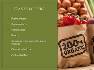 STAKEHOLDERS 
•Fornecedores 
•Consumidores 
•Funcionários 
•Bancos 
•Governos (municipal, estadual e federal) 
•Comunidade local 
•Ambientalistas  