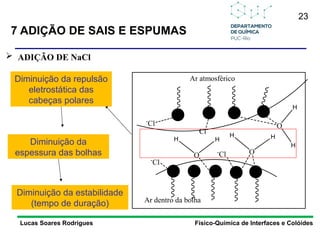 23
7 ADIÇÃO DE SAIS E ESPUMAS
Lucas Soares Rodrigues Físico-Química de Interfaces e Colóides
 ADIÇÃO DE NaCl
O
H H
O
H H
O
H
H
Ar dentro da bolha
Cl-
-
Cl
-
Cl
-
Cl
Ar atmosférico
Diminuição da repulsão
eletrostática das
cabeças polares
Diminuição da
espessura das bolhas
Diminuição da estabilidade
(tempo de duração)
 