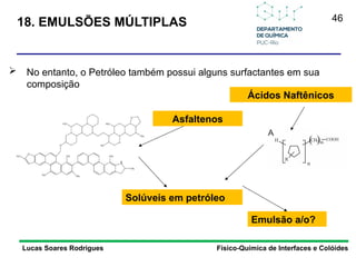 46
Lucas Soares Rodrigues Físico-Química de Interfaces e Colóides
18. EMULSÕES MÚLTIPLAS
Asfaltenos
Ácidos Naftênicos
 No entanto, o Petróleo também possui alguns surfactantes em sua
composição
Solúveis em petróleo
Emulsão a/o?
 