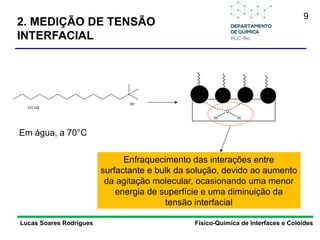9
Lucas Soares Rodrigues Físico-Química de Interfaces e Colóides
N+
Br-
DTAB
Em água, a 70°C
Enfraquecimento das interações entre
surfactante e bulk da solução, devido ao aumento
da agitação molecular, ocasionando uma menor
energia de superfície e uma diminuição da
tensão interfacial
O
H H
2. MEDIÇÃO DE TENSÃO
INTERFACIAL
 