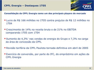 CPFL Energia – Destaques 1T05


     Consolidação da CPFL Energia como um dos principais players do mercado


        Lucro de R$ 166 milhões no 1T05 contra prejuízo de R$ 12 milhões no
        1T04

       Crescimento de 14% na receita bruta e de 21% no EBITDA
       comparando 1T05 com 1T04

       Aumento de 4,3%¹ nas vendas de energia do Grupo e 7,3% na carga
       da área de concessão da CPFL

        Revisão tarifária da CPFL Paulista tornada definitiva em abril de 2005

       Exercício de conversão, por parte do IFC, do empréstimo em ações da
       CPFL Energia



¹-   Com ajuste de calendário                                                    3
 