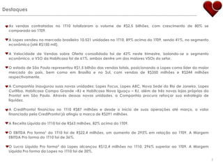 DestaquesAs vendas contratadas no 1T10 totalizaram o volume de R$2,5 bilhões, com crescimento de 80% se comparado ao 1T09.A Lopes vendeu no mercado brasileiro 10.521 unidades no 1T10, 89% acima do 1T09, sendo 41%, no segmento econômico (até R$150 mil).  A Velocidade de Vendas sobre Oferta consolidada foi de 43% neste trimestre, isolando-se o segmento econômico, o VSO da Habitcasa foi de 61%, ambos dentre um dos maiores VSOs do setor. O estado de São Paulo representou R$1,5 bilhão das vendas totais, posicionando a Lopes como líder do maior mercado do país, bem como em Brasília e no Sul, com vendas de R$350 milhões e R$244 milhões respectivamente.A Companhia inaugurou suas novas unidades: Lopes Focus, Lopes ABC, Nova Sede do Rio de Janeiro, Lopes Curitiba, Habitcasa Campo Grande –RJ e Habitcasa Nova Iguaçu – RJ, além de três novas lojas próprias da Pronto! em São Paulo. Através dessas novas unidades, a Companhia procura reforçar sua estratégia de liquidez. A CrediPronto! financiou no 1T10 R$87 milhões e desde o início de suas operações até março, o valor financiado pela CrediPronto! já atingiu a marca de R$291 milhões.A Receita Líquida do 1T10 foi de R$63 milhões, 82% acima do 1T09. O EBITDA Pro forma1 do 1T10 foi de R$22,4 milhões, um aumento de 293% em relação ao 1T09. A Margem EBITDA Pro forma do 1T10 foi de 36%. O Lucro Líquido Pro forma2 da Lopes alcançou R$12,4 milhões no 1T10, 296% superior ao 1T09. A Margem Líquida Pro forma da Lopes no 1T10 foi de 20%.5