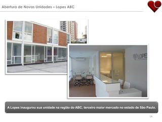 Abertura de Novas Unidades – Lopes ABC




  A Lopes inaugurou sua unidade na região do ABC, terceiro maior mercado no estado de São Paulo.

                                                                                           14
 