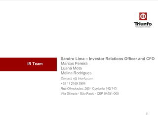 IR Team

Sandro Lima – Investor Relations Officer and CFO
Marcos Pereira
Luana Mota
Melina Rodrigues
Contact: ri@ triunfo.com

+55 11 2169 3999
Rua Olimpíadas, 205 - Conjunto 142/143
Vila Olímpia - São Paulo - CEP 04551-000

21

 