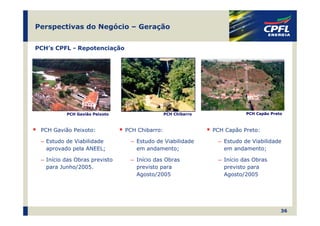 Perspectivas do Negócio – Geração


PCH’s CPFL - Repotenciação




          PCH Gavião Peixoto                   PCH Chibarro              PCH Capão Preto



 PCH Gavião Peixoto:           PCH Chibarro:                  PCH Capão Preto:

 ‒ Estudo de Viabilidade        ‒ Estudo de Viabilidade        ‒ Estudo de Viabilidade
   aprovado pela ANEEL;           em andamento;                  em andamento;

 ‒ Início das Obras previsto    ‒ Início das Obras             ‒ Início das Obras
   para Junho/2005.               previsto para                  previsto para
                                  Agosto/2005                    Agosto/2005




                                                                                       36
 