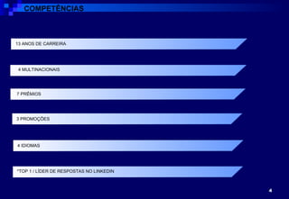 Confidencial 4   MULTINACIONAIS Customer Operations – Planning Lojas BR – Rotina Supervisão – 06/2009  4 IDIOMAS 3º lugar e-learning nacional: 1º curso disponível concluído – 2002 7 PRÊMIOS 3 PROMOÇÕES COMPETÊNCIAS 13 ANOS DE CARREIRA *TOP 1 / LÍDER DE RESPOSTAS NO LINKEDIN 