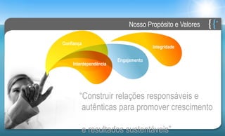 Nosso Propósito e Valores

Confiança
                                     Integridade

                       Engajamento
    Interdependência




       “Construir relações responsáveis e
        autênticas para promover crescimento
        e resultados sustentáveis”
 