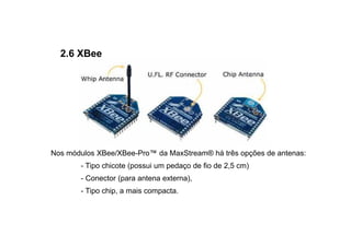 2.6 XBee




Nos módulos XBee/XBee-Pro™ da MaxStream® há três opções de antenas:
       - Tipo chicote (possui um pedaço de fio de 2,5 cm)
       - Conector (para antena externa),
       - Tipo chip, a mais compacta.
 