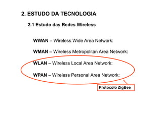 2. ESTUDO DA TECNOLOGIA
  2.1 Estudo das Redes Wireless


    WWAN – Wireless Wide Area Network:

    WMAN – Wireless Metropolitan Area Network:

    WLAN – Wireless Local Area Network:

    WPAN – Wireless Personal Area Network:

                                  Protocolo ZigBee
 
