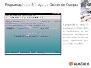 Programação de Entrega da Ordem de CompraA programação de entrega do produto pode ser feita para todos os estabelecimentos ou para determinados  estabelecimentos. No caso da entrega ser para o CD apenas, posteriormente serão encaminhados para as filiais.