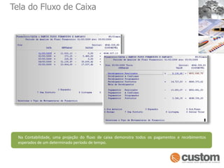 Tela do Fluxo de CaixaNa Contabilidade, uma projeção do fluxo de caixa demonstra todos os pagamentos e recebimentos esperados de um determinado período de tempo.