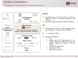 7/25Relações com Investidores | 3T15 |
Cenário Competitivo
O Pine atende a um nicho de empresas com poucas opções de bancos.
MERCADO
Consolidação do setor bancário diminuiu a oferta de
linhas de crédito e instrumentos financeiros para
empresas
Processo de desalavancagem dos bancos estrangeiros
PINE
Completa gama de serviços – Crédito, Hedging e Banco
de Investimentos – com espaço para crescimento
~ 15 clientes por officer
Vantagens competitivas:
 Foco
 Resposta ágil: Forte relacionamento com o
cliente; Comitê de Crédito duas vezes por
semana e resposta aos clientes em até uma
semana
 Atendimento especializado
 Soluções sob medida
 Diversidade de produtos
Grandes Bancos
Múltiplos
Varejo
PMEs e Varejo
Corporate e PMEs
100% Corporate
100% focado no atendimento completo a
empresas, oferecendo produtos customizados
Bancos
Estrangeiros e de
Investimento
 