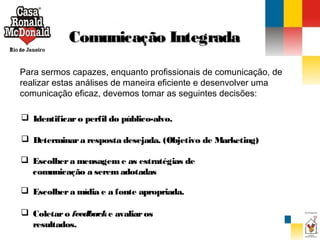 Comunicação Integrada
Para sermos capazes, enquanto profissionais de comunicação, de
realizar estas análises de maneira eficiente e desenvolver uma
comunicação eficaz, devemos tomar as seguintes decisões:
 Identificar o perfil do público-alvo.
 Determinar a resposta desejada. (Objetivo de Marketing)
 Escolher a mensagem e as estratégias de
comunicação a serem adotadas
 Escolher a mídia e a fonte apropriada.
 Coletar o feedback e avaliar os
resultados.

 