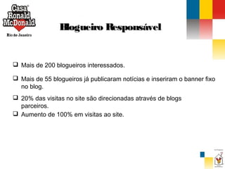 Blogueiro Responsável

 Mais de 200 blogueiros interessados.
 Mais de 55 blogueiros já publicaram notícias e inseriram o banner fixo
no blog.
 20% das visitas no site são direcionadas através de blogs
parceiros.
 Aumento de 100% em visitas ao site.

 