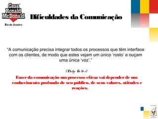 Dificuldades da Comunicação

“A comunicação precisa integrar todos os processos que têm interface
com os clientes, de modo que estes vejam um único ‘rosto’ e ouçam
uma única ‘voz’.”
(Philip Ko tle r)

Fazer da comunicação um processo eficaz vai depender de um
conhecimento profundo de seu público, de seus valores, atitudes e
reações.

 