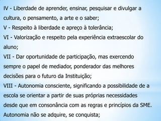 IV - Liberdade de aprender, ensinar, pesquisar e divulgar a
cultura, o pensamento, a arte e o saber;
V - Respeito à liberd...