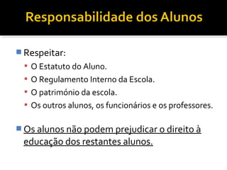 Respeitar: 
 O Estatuto do Aluno. 
 O Regulamento Interno da Escola. 
 O património da escola. 
 Os outros alunos, os funcionários e os professores. 
Os alunos não podem prejudicar o direito à 
educação dos restantes alunos. 
 