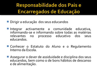 Dirigir a educação dos seus educandos 
 Integrar activamente a comunidade educativa, 
informando-se e informando sobre todas as matérias 
relevantes no processo educativo dos seus 
educandos. 
 Conhecer o Estatuto do Aluno e o Regulamento 
Interno da Escola. 
 Assegurar o dever de assiduidade e disciplina dos seus 
educandos, bem como o de bons hábitos de descanso 
e de alimentação. 
 