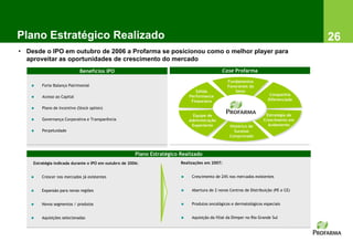 Plano Estratégico Realizado                                                                                                           26
• Desde o IPO em outubro de 2006 a Profarma se posicionou como o melhor player para
  aproveitar as oportunidades de crescimento do mercado
                            Benefícios IPO                                                    Case Profarma

                                                                                                 Fundamentos
   ◆    Forte Balanço Patrimonial                                                                Favoráveis do
                                                                                Sólida               Setor
                                                                             Performance                                Companhia
   ◆    Acesso ao Capital
                                                                              Financiera                               Diferenciada

   ◆    Plano de Incentivo (Stock option)
                                                                               Equipe de                              Estratégia de
   ◆    Governança Corporativa e Transparência                               Administração                           Crescimento em
                                                                              Experiente          Histórico de         Andamento
   ◆    Perpetuidade                                                                                Sucesso
                                                                                                  Comprovado



                                                       Plano Estratégico Realizado
    Estratégia indicada durante o IPO em outubro de 2006:                Realizações em 2007:


   ◆    Crescer nos mercados já existentes                               ◆    Crescimento de 24% nos mercados existentes


   ◆    Expansão para novas regiões                                      ◆    Abertura de 2 novos Centros de Distribuição (PE e CE)


   ◆    Novos segmentos / produtos                                       ◆    Produtos oncológicos e dermatológicos especiais


   ◆    Aquisições selecionadas                                          ◆    Aquisição da filial da Dimper no Rio Grande Sul
 