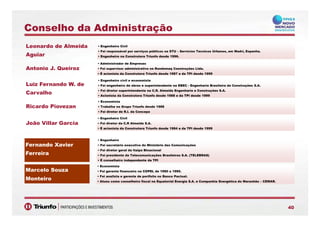 Conselho da Administração
• Engenheiro Civil
• Foi responsável por serviços públicos na STU – Servicios Tecnicos Urbanos, em Madri, Espanha.
• Engenheiro na Construtora Triunfo desde 1996.
Leonardo de Almeida
Aguiar
• Administrador de Empresas
• Foi supervisor administrativo na Rondomaq Construções Ltda.
• É acionista da Construtora Triunfo desde 1987 e da TPI desde 1999
• Engenheiro civil e economista
• Foi engenheiro de obras e superintendente na EBEC - Engenharia Brasileira de Construções S.A.
Antonio J. Queiroz
Luiz Fernando W. de
• Foi diretor superintendente na C.R. Almeida Engenharia e Construções S.A.
• Acionista da Construtora Triunfo desde 1988 e da TPI desde 1999
• Economista
• Trabalha no Grupo Triunfo desde 1988
• Foi diretor de R.I. da Concepa
Carvalho
Ricardo Piovezan
p
• Engenheiro Civil
• Foi diretor da C.R Almeida S.A.
• É acionista da Construtora Triunfo desde 1984 e da TPI desde 1999
João Villar Garcia
• Engenheiro
• Foi secretário executivo do Ministério das Comunicações
• Foi diretor geral da Itaipú Binacional
• Foi presidente da Telecomunicações Brasileiras S.A. (TELEBRAS)
• É conselheiro independente da TPI
Fernando Xavier
Ferreira
• Economista
• Foi gerente financeiro na COPEL de 1990 a 1995.
• Foi analista e gerente de portfolio no Banco Pactual.
• Atuou como conselheiro fiscal na Equatorial Energia S.A. e Companhia Energética do Maranhão – CEMAR.
Marcelo Souza
Monteiro
4040
 