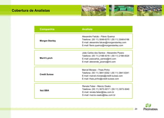 Cobertura de Analistas




                Companhia        Analista

                                 Alexandre Falcão - Flávio Queiroz
                                 Telefone: (55 11) 3048-6270 / (55 11) 3048-6196
                Morgan Stanley
                                 E-mail: alexandre.falcao@morganstanley.com
                                 E-mail: flavio.queiroz@morganstanley.com


                                 João Carlos dos Santos - Alexandre Pizano
                                 Telefone: (55 11) 2188-4316 / (55 11) 2188-4024
                Merril Lynch     E-mail: joaocarlos_santos@ml.com
                                 E-mail: alexrande_pizano@ml.com


                                 Marcel Moraes - Thais Pinho
                                 Telefone: (55 11) 3841-6302 / (55 11) 3841-6341
                Credit Suisse
                                 E-mail: marcel.moraes@credit-suisse.com
                                 E-mail: thais.pinho@credit-suisse.com


                                 Renata Faber - Marcio Osako
                                 Telefone: (55 11) 3073-3017 / (55 11) 3073-3040
                Itaú BBA
                                 E-mail: renata.faber@itau.com.br
                                 E-mail: marcio.osako@itau.com.br




                                                                                   20
 