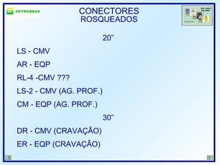 CONECTORES
ROSQUEADOS
20”
LS - CMV
AR - EQP
RL-4 -CMV ???
LS-2 - CMV (AG. PROF.)
CM - EQP (AG. PROF.)
30”
DR - CMV (CRAVAÇÃO)
ER - EQP (CRAVAÇÃO)
 