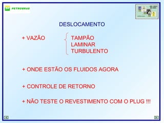 DESLOCAMENTO
+ VAZÃO TAMPÃO
LAMINAR
TURBULENTO
+ ONDE ESTÃO OS FLUIDOS AGORA
+ CONTROLE DE RETORNO
+ NÃO TESTE O REVESTIMENTO COM O PLUG !!!
 