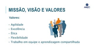 MISSÃO, VISÃO E VALORES
Valores:
• Agilidade
• Excelência
• Ética
• Flexibilidade
• Trabalho em equipe e aprendizagem compartilhada
 
