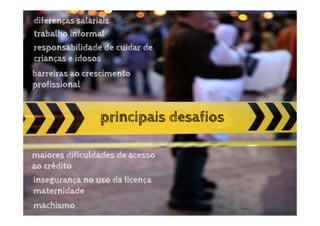 diferenças salariais
trabalho informal
responsabilidade de cuidar de
crianças e idosos
barreiras ao crescimento
profissional


                 principais desafios

maiores dificuldades de acesso
ao crédito
insegurança no uso da licença
maternidade
machismo
 