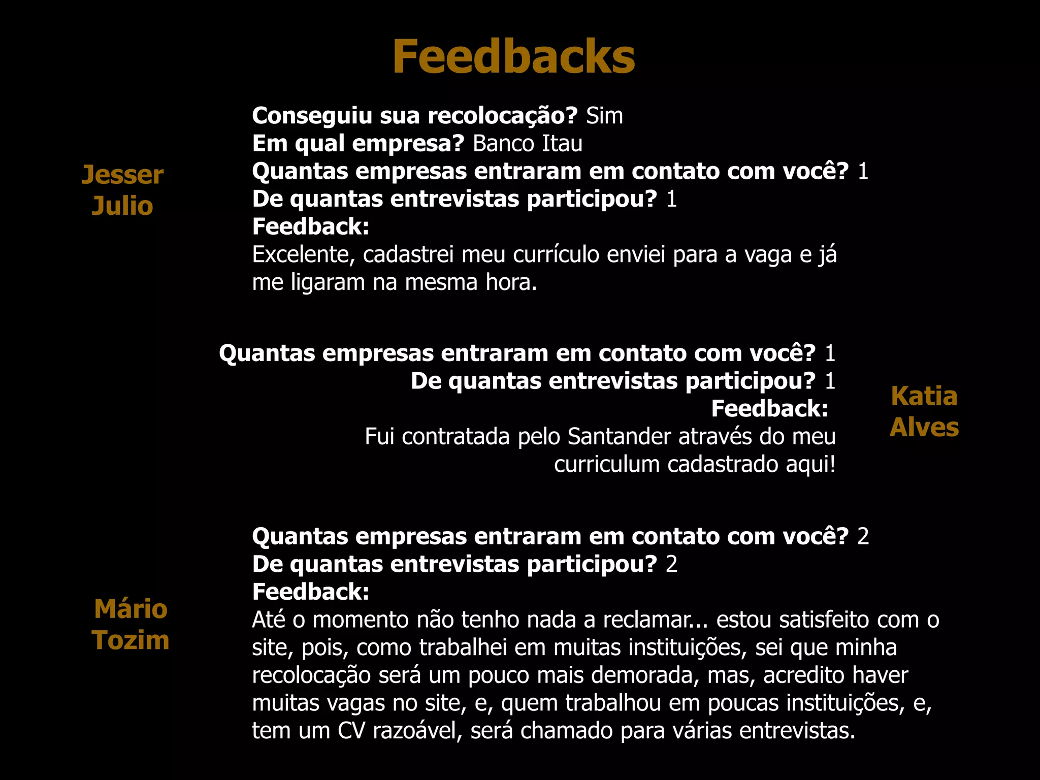 Feedbacks
           Conseguiu sua recolocação? Sim
           Em qual empresa? Banco Itau
Jesser     Quantas empresas entraram em contato com você? 1
 Julio     De quantas entrevistas participou? 1
           Feedback:
           Excelente, cadastrei meu currículo enviei para a vaga e já
           me ligaram na mesma hora.


         Quantas empresas entraram em contato com você? 1
                        De quantas entrevistas participou? 1
                                                     Feedback:
                                                                        Katia
                   Fui contratada pelo Santander através do meu         Alves
                                      curriculum cadastrado aqui!


           Quantas empresas entraram em contato com você? 2
           De quantas entrevistas participou? 2
           Feedback:
Mário      Até o momento não tenho nada a reclamar... estou satisfeito com o
Tozim      site, pois, como trabalhei em muitas instituições, sei que minha
           recolocação será um pouco mais demorada, mas, acredito haver
           muitas vagas no site, e, quem trabalhou em poucas instituições, e,
           tem um CV razoável, será chamado para várias entrevistas.
 
