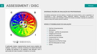 28 ASSESSMENT / DISC RHeads 
DIVERSAS OPÇÕES DE AVALIAÇÃO DE PROFISSIONAIS 
Os relatórios apresentam de forma objetiva o resultado para diversos fatores, como a capacidade de 
compreender o outro, pensamento prático, julgamento sistêmico, consciência de si próprio, 
conhecimento de papel, auto orientação, equilíbrio na tomada de decisões, resolução de problemas e 
clareza na leitura de cenários internos e externos. 
NÍVEIS E POSSIBILIDADE DE AVALIAÇÃO 
 Perfil de Comportamentos 
 Motivadores 
 Axiologia – padrões de pensamento 
 Inteligência Emocional 
 Perfil de Competências 
 Conhecimento em Vendas 
 Análise de Equipes 
 Mapeamento de Perfil de Cargo 
 Nível de Adequação ao Cargo 
 Outros 
A aplicação destes mapeamentos levará seus projetos de 
seleção, coaching e demais iniciativas de desenvolvimento 
e gestão de pessoas a um patamar mais elevado, com o 
que existe de mais inovador e moderno no mundo 
 