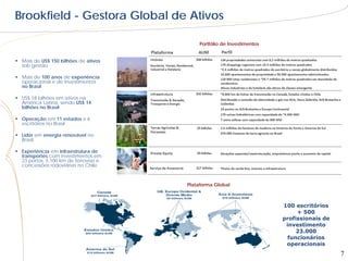 Brookfield - Gestora Global de Ativos

                                           Portfólio de Investimentos


 Mais de US$ 150 bilhões de ativos
  sob gestão

 Mais de 100 anos de experiência
  operacional e de investimentos
  no Brasil

 US$ 18 bilhões em ativos na
  América Latina, sendo US$ 14
  bilhões no Brasil

 Operação em 11 estados e 6
  escritórios no Brasil

 Líder em energia renovável no
  Brasil

 Experiência em infraestrutura de
  transportes com investimentos em
  23 portos, 5.100 km de ferrovias e
  concessões rodoviárias no Chile



                                       Plataforma Global



                                                                        100 escritórios
                                                                             + 500
                                                                        profissionais de
                                                                         investimento
                                                                             23.000
                                                                          funcionários
                                                                         operacionais
                                                                                           7
 