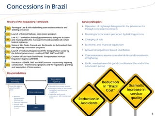 Concessions in Brazil

  History of the Regulatory Framework                                              Basic principles
                                                                                    Operation of highways delegated to the private sector
          Passing of Law 8.666 establishing concession contracts and
 1993
          bidding processes                                                          through concession contracts

1993     Launch of federal highway concession program                               Granting of concession preceded by bidding process
         Law 9.277 authorizes federal government to delegate to states
1996     and municipalities the management and operation of certain                 Charging of tolls
         federal highways
         States of São Paulo, Paraná and Rio Grande do Sul conduct their            Economic and financial equilibrium
1997/8
         own highway concession programs
         Launch of restructuring process in the transportation sector by            Annual toll adjustment based on inflation
2001
         the federal government, creating CONIT, ANTT and DNIT
         Creation of São Paulo State Public Transportation Services
                                                                                    Concessionaires assume operational risks and investments
2002
         Regulatory Agency (ARTESP)                                                  in highways
         Dissolution of DNER; DNIT and ANTT assume respectively highway
                                                                                    Public assets returned in good conditions at the end of the
2003     construction / maintenance projects and the regulation, granting
         and supervision of concessions                                              concession period


  Responsibilities

        Concession                                  Regulatory
         Authority                                   Agency
                                                                                                      Reduction
   Grant the right to                            Develop concession models                           in “Brazil            Dramatic
                                                                                                                            increase in
    operate public                                Manage contracts and ensure
    assets
                               Concessionaire
                                                   economic and financial                                Cost”
                                                                                                                              service
                                                   equilibrium
                                                  Supervise and control
                                                   compliance with contractual
                                                                                                                              quality
           Improve
            transportation
            infrastructure
                                                   terms
                                                                                 Reduction in
           Operate highways
           Provide high
                                                                                  Accidents
            quality services
            to users                User


                                                                                                                                                   8
 