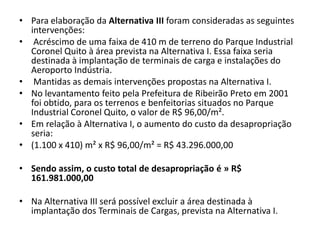 Para elaboração da Alternativa III foram consideradas as seguintes intervenções: Acréscimo de uma faixa de 410 m de terreno do Parque Industrial Coronel Quito à área prevista na Alternativa I. Essa faixa seria destinada à implantação de terminais de carga e instalações do Aeroporto Indústria. Mantidas as demais intervenções propostas na Alternativa I.No levantamento feito pela Prefeitura de Ribeirão Preto em 2001 foi obtido, para os terrenos e benfeitorias situados no Parque Industrial Coronel Quito, o valor de R$ 96,00/m².Em relação à Alternativa I, o aumento do custo da desapropriação seria:(1.100 x 410) m² x R$ 96,00/m² = R$ 43.296.000,00Sendo assim, o custo total de desapropriação é » R$ 161.981.000,00Na Alternativa III será possível excluir a área destinada à implantação dos Terminais de Cargas, prevista na Alternativa I.