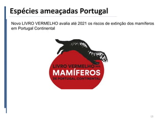 Espécies ameaçadas Portugal
13
Novo LIVRO VERMELHO avalia até 2021 os riscos de extinção dos mamíferos
em Portugal Continental
 