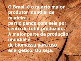 O Brasil é o quarto maior
produtor mundial de
madeira,
participando com seis por
cento do total produzido.
A maior parte da produção
mundial é
de biomassa para uso
energético. Ou seja..
 