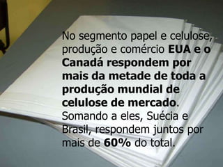 No segmento papel e celulose,
produção e comércio EUA e o
Canadá respondem por
mais da metade de toda a
produção mundial de
celulose de mercado.
Somando a eles, Suécia e
Brasil, respondem juntos por
mais de 60% do total.
 