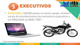 • Esmeralda: 500.000 pontos na menor equipe, receberá
um pin de reconhecimento nos seminários corporativos e
um Ultra book ou Moto 150cc.
* Fotos meramente ilustrativa
EXECUTIVOS
 