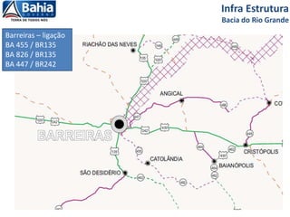 Barreiras – ligação
BA 455 / BR135
BA 826 / BR135
BA 447 / BR242
Infra Estrutura
Bacia do Rio Grande
 