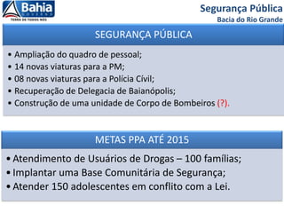 SEGURANÇA PÚBLICA
• Ampliação do quadro de pessoal;
• 14 novas viaturas para a PM;
• 08 novas viaturas para a Polícia Cívil;
• Recuperação de Delegacia de Baianópolis;
• Construção de uma unidade de Corpo de Bombeiros (?).
Segurança Pública
Bacia do Rio Grande
METAS PPA ATÉ 2015
•Atendimento de Usuários de Drogas – 100 famílias;
•Implantar uma Base Comunitária de Segurança;
•Atender 150 adolescentes em conflito com a Lei.
 