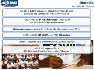 Educação
Bacia do Rio Grande
Em 2012, 1,4 mil estudantes estavam aprendendo uma
profissão nos Centros de Formação Profissional
TOPA – mais de 14 mil alfabetizados 2007-2010
Até 2015: mais 34 mil alfabetizados;
600 novas vagas para educação profissional estão previstas para 2013;
UFBA em 2006 300 VAGAS, em 2013 600 VAGAS;
UFOBA – Encontra-se já em tramitação na Câmara Federal;
UNEB 320 vagas em 2013
2014 Curso de Medicina Veterinária – 50 vagas.
 