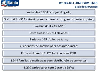 AGRICULTURA FAMILIAR
Bacia do Rio Grande
Vacinadas 9.000 cabeças de gado;
Distribuídos 310 animais para melhoramento genético ovinocaprino;
Emissão de 3.738 DAPS
Distribuídos 106 mil alevinos;
Emitidos 195 títulos de terra;
Vistoriados 27 imóveis para desapropriação;
Em atendimento 2.370 famílias com ATER.
1.946 famílias beneficiadas com distribuição de sementes;
1.279 agricultores com Garantia Safra;
 