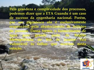 Pela grandeza e complexidade dos processos, 
podemos dizer que a ETA Guandu é um caso 
de sucesso da engenharia nacional. Porém, 
por ser gigantesca ela é exclusivamente 
responsável pelo abastecimento de milhões 
de pessoas. Dessa forma, o fornecimento de 
água para grande parte da Região 
Metropolitana do Rio de Janeiro fica 
vulnerável às falhas que ocorram nesta 
estação. 
 