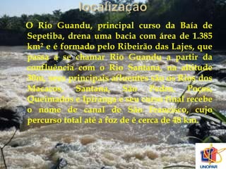 O Rio Guandu, principal curso da Baía de 
Sepetiba, drena uma bacia com área de 1.385 
km² e é formado pelo Ribeirão das Lajes, que 
passa a se chamar Rio Guandu a partir da 
confluência com o Rio Santana, na altitude 
30m, seus principais afluentes são os Rios dos 
Macacos, Santana, São Pedro, Poços, 
Queimados e Ipiranga e seu curso final recebe 
o nome de canal de São Francisco, cujo 
percurso total até a foz de é cerca de 48 km. 
 