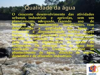 O crescente desenvolvimento das atividades 
urbanas, industriais e agrícolas, sem um 
planejamento adequado, fazendo uso de 
sistemas de saneamento insuficientes, vem 
deteriorando a qualidade das águas e 
reduzindo a disponibilidade hídrica nessas 
bacias. A erosão provocada pelo uso inadequado 
do solo e a extração de areia são responsáveis 
pelo aumento significativo do aporte de 
sedimentos. Os principal uso da água hoje 
verificado no rio Guandu refere-se ao 
abastecimento de água, diluição de esgoto 
doméstico e de efluentes industriais. 
 