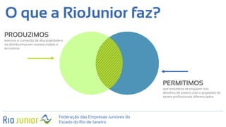PRODUZIMOS
eventos e conteúdo de alta qualidade e
os distribuímos em nossas mídias e
encontros
PERMITIMOS
que empresas se engajem nos
desafios de jovens com o propósito de
serem profissionais diferenciados
O que a RioJunior faz?
Federação das Empresas Juniores do
Estado do Rio de Janeiro
 